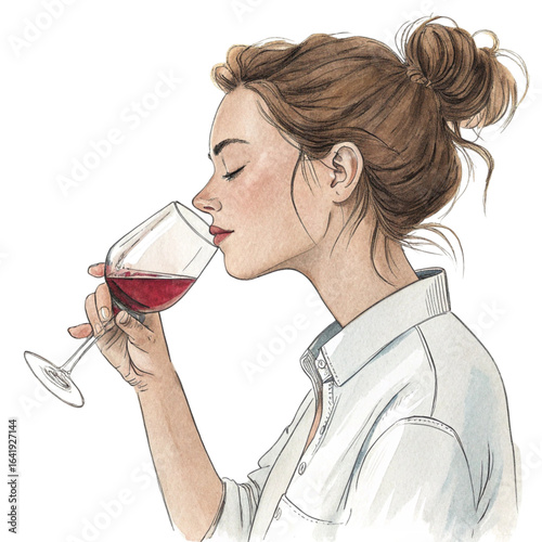 Woman enjoying a glass of red wine isolated on transparent background