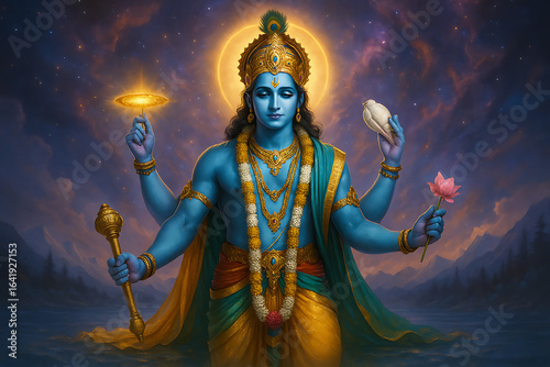 Lord vishnu standing with four arms, holding lotus, conch, chakra, mace, divine hindu god, cosmic background