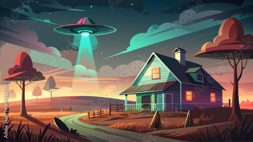 Vintage-style UFO hovering over abandoned farmhouse in foggy rural setting, casting an eerie glow across weathered walls, silent fields, and hauntingly still air under a muted, mysterious night sky.