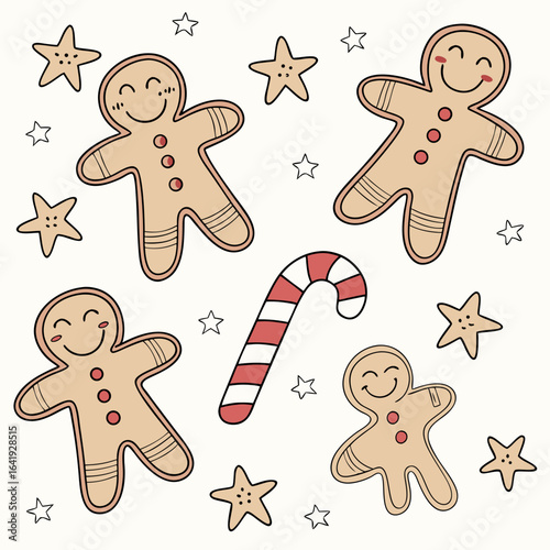 Smiling gingerbread cookies with faces, candy cane and stars, repeat vector pattern.
