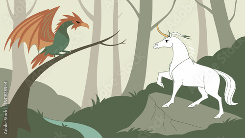 White unicorn and green dragon in a magical fantasy forest. Mythical creatures illustration for children's fairytale stories.