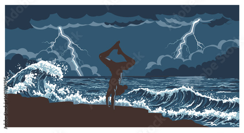 Vector illustration of a powerful silhouette on a stormy beach, facing crashing waves and a dramatic sky with lightning bolts.