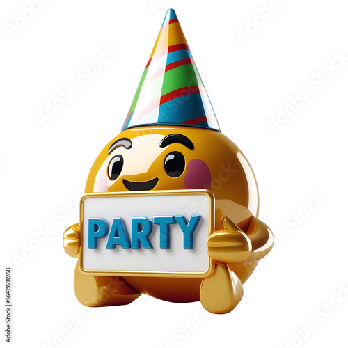 Party hat emoji holding a board that says Party high quality glossy 3D render clean edges PNG