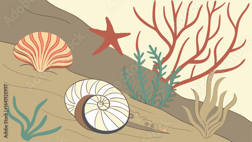 Seashells, starfish, and coral on the sandy ocean floor. Underwater marine life background. Sea bottom nature scene.