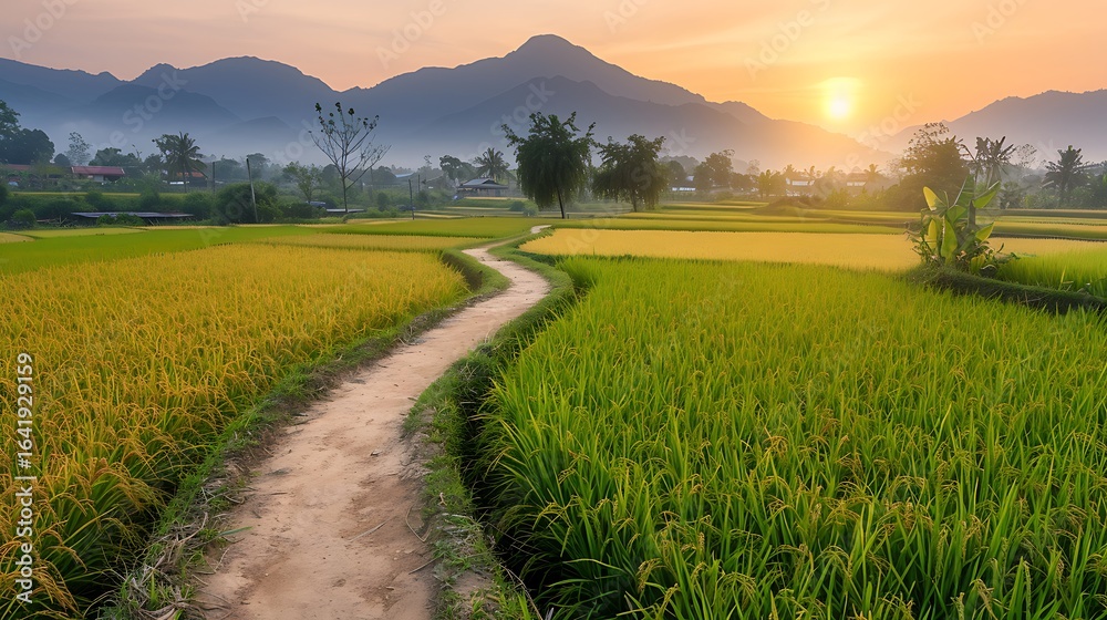 Fototapeta premium Golden sunset illuminates a winding rural path bordered by lush rice fields and majestic mountains.