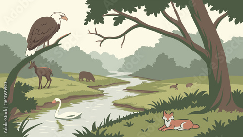 Wildlife animals in natural forest river landscape. Nature ecosystem with eagle, deer, fox, swan, and boar in outdoors habitat.