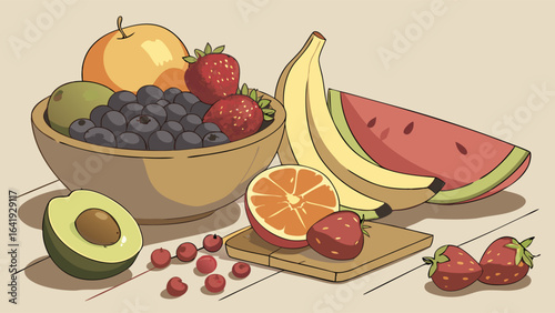 Assortment of fresh healthy fruits. Colorful organic produce still life for diet, nutrition, and healthy eating.