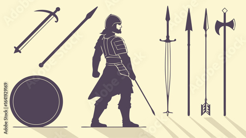 Medieval fantasy warrior knight silhouette ancient weapons sword spear shield axe armor historical.