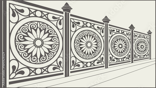 Elegant decorative fence with ornate floral patterns. Classic vintage style railing design. Architectural border background.