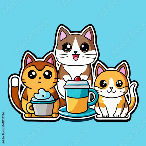Cute cartoon cats with coffee and desserts on blue background
