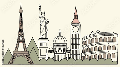 Famous world landmarks skyline. International travel and global tourism destinations. Iconic architecture and city monuments.