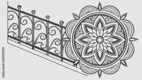 Wrought iron railing and decorative floral ornament design. Elegant metal balustrade scrollwork for classic architecture.
