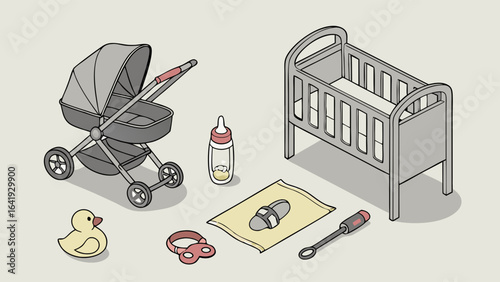 Baby essentials and newborn care items. Stroller, crib, bottle, pacifier, and toys. Childcare, parenting.