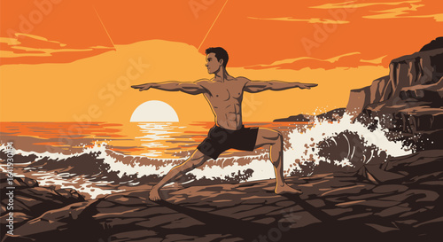 Digital vector art of a man in a yoga warrior pose by the sea, capturing a tranquil moment at sundown.