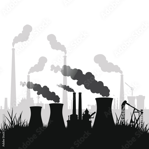 Industrial factory landscape with smoke and oil pumps
