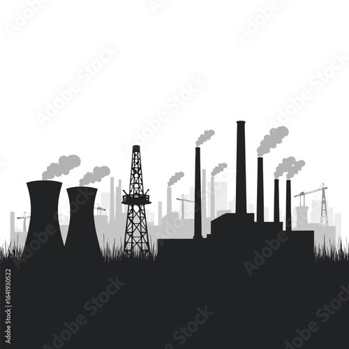 Industrial factory silhouette with smoking chimneys and oil rig 1