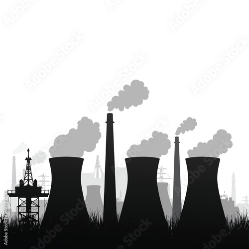 Industrial power plant with cooling towers and smokestacks emitting smoke