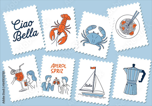 italian summer vacation Vintage postage stamp collection with old canceled stamps and postal marks