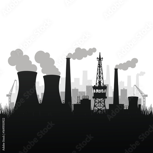 Industrial factory silhouette with cooling towers and smokestacks