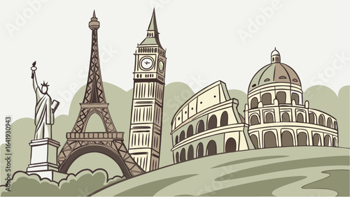 Famous world landmarks travel illustration. Global tourism vacation journey. Iconic city monuments and attractions.