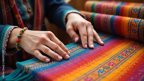 Artisan Hand Weaving Vibrant Multicolored Fabric – Traditional Textile Craftwork Close-Up