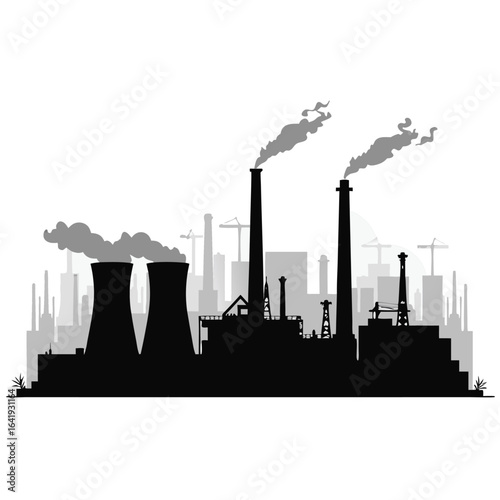 Industrial factory silhouette with smoking chimneys and cooling towers 4