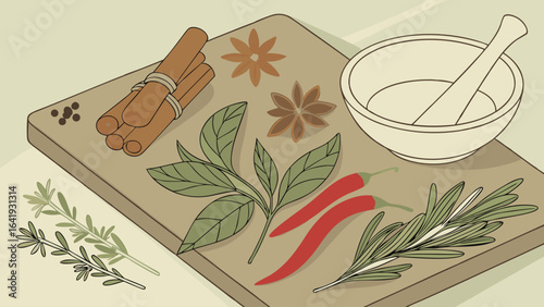 Fresh culinary herbs and spices on a wooden cutting board with mortar and pestle. Kitchen cooking ingredients.