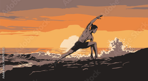 Sunset Yoga Pose Man Practicing Yoga by Ocean Waves