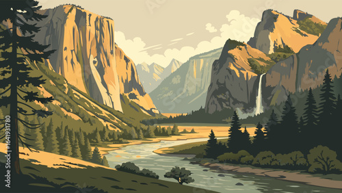 Scenic mountain valley landscape with river, waterfall, and green forest. Beautiful nature view for travel and outdoor themes.