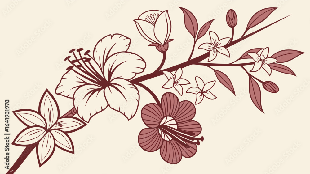 Obraz premium Vintage floral line art illustration of a blooming flower branch. Elegant botanical drawing for spring and summer designs.