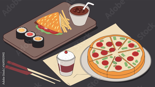 Isometric illustration of popular fast food items: pizza, sandwich, sushi, french fries, and various drinks.