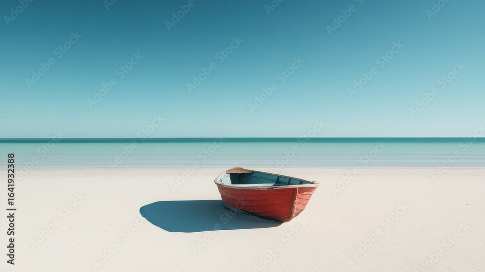 Naklejka premium Red boat on tranquil beach, clear sky. Vacation travel imagery