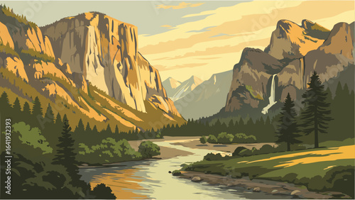 Majestic mountain landscape with a flowing river, green forest, and scenic valley view with waterfall. Nature background.