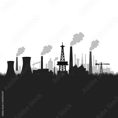 Industrial factory silhouette with smoke stacks and oil rig