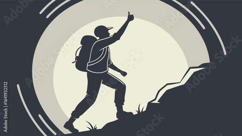 Man climbing mountain silhouette with backpack giving thumbs up. Success, achievement, adventure, journey, motivation.