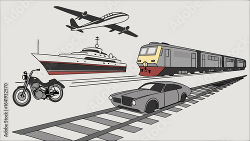 Various modes of transportation airplane train car motorcycle and ship for travel logistics global business and journey concepts