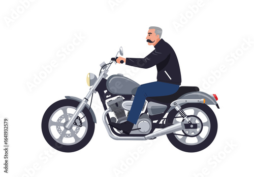 Man with Mustache Riding a Classic Motorcycle