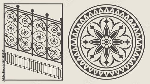 Wrought iron railing and decorative circular floral ornament vector set. Classic ornate metalwork design elements.