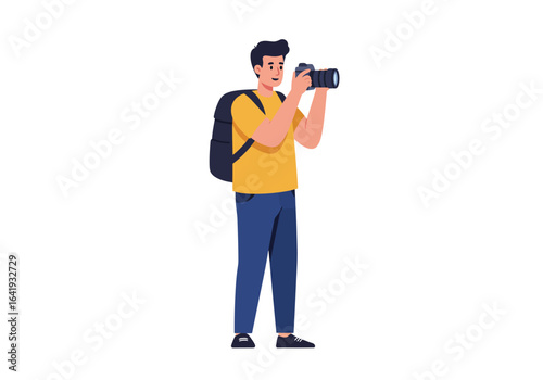 Photographer with Backpack Taking a Picture