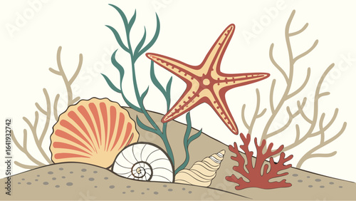 Seashells, starfish, and seaweed on sand. Underwater ocean marine life background. Summer beach vacation theme.