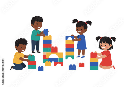 Diverse Children Building Colorful Blocks Together, Smiling and Playing