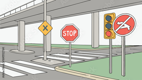 Urban street scene with multiple traffic signs, a stop sign, traffic light, and crosswalk for road safety and city rules.