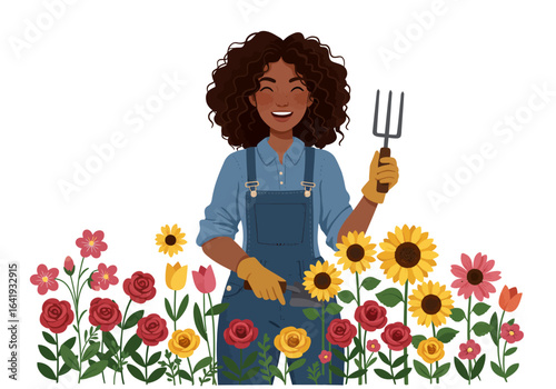 Smiling Gardener with Fork and Flowers Illustration