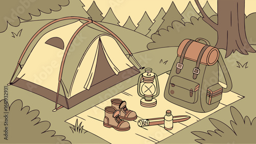 Camping equipment set up in a forest campsite. Outdoor adventure gear, tent, backpack, boots, and lantern for nature travel.