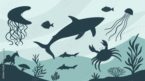 Underwater marine life silhouettes. Ocean animals vector illustration with shark, jellyfish, fish, and crab. Deep sea background.