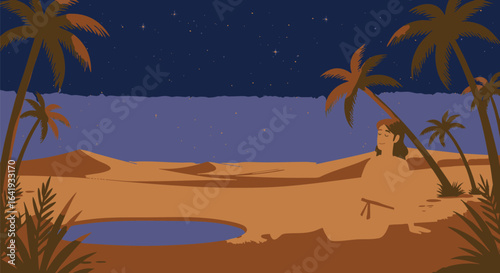 Person relaxing under palm trees in desert oasis at night under starry sky, serene landscape illustration