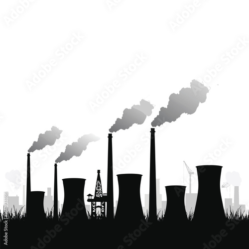 Industrial factory silhouette with smoke and cooling towers