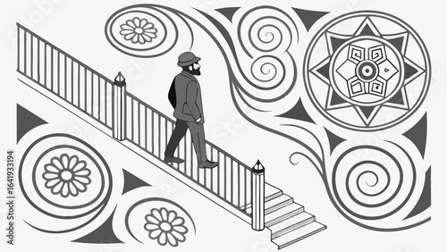 Black and white illustration of a man walking up stairs. Concept of progress, personal growth, and future success.