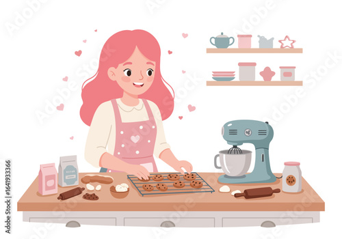Woman Baking Cookies in a Kitchen with Mixer and Ingredients