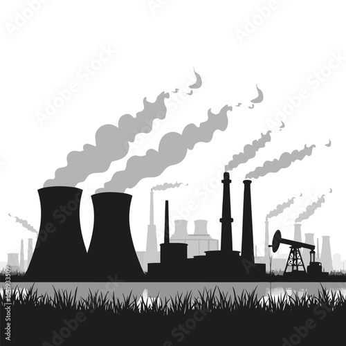 Industrial factory landscape with smoke stacks and oil pump